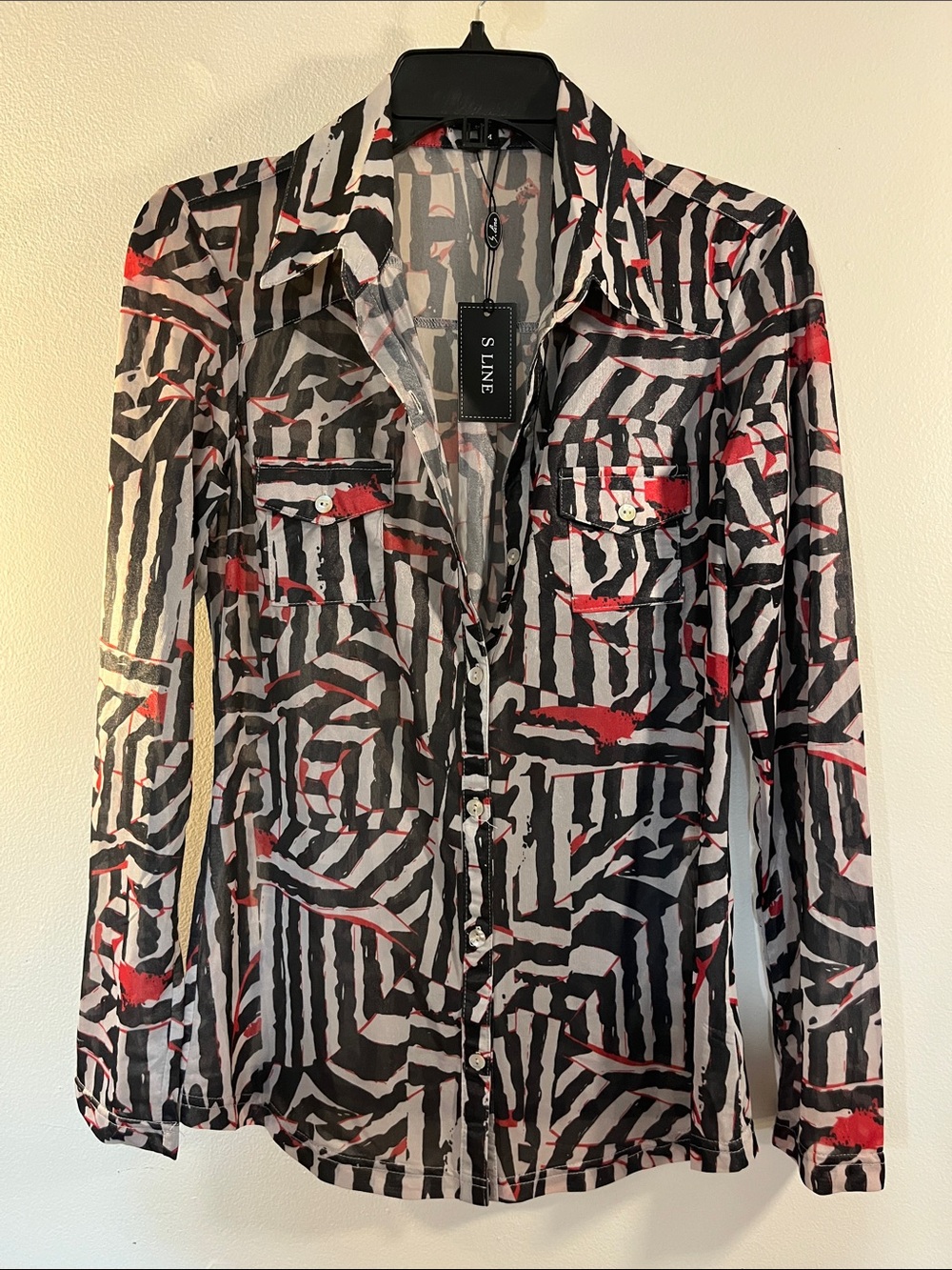 S. Line Women's Black & White Geometric Button-Up Top with Red Accents